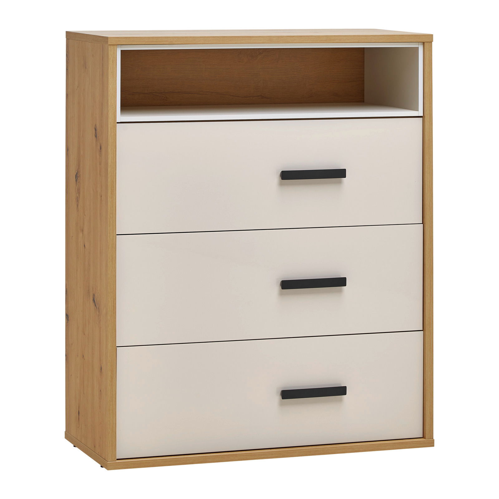 XORA Kommode CASA MIA Kommode mit drei Schubladen und offenem Fach, Holzoptik mit weißen Fronten, seitliche Perspektive