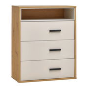Kommode mit drei Schubladen und offenem Fach, Holzoptik mit weißen Fronten, seitliche Perspektive