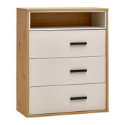 Commode met drie lades en een open vak, houtlook met witte fronten, zijaanzicht