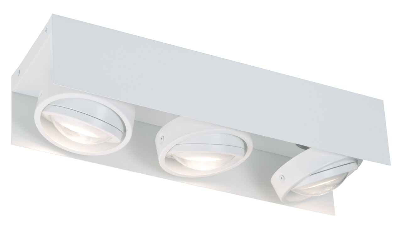 LED Aufbauleuchte mit drei verstellbaren Strahlern, seitliche Perspektive