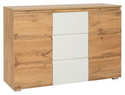 Kommode aus Holz mit weißen Schubladenfronten, seitliche Perspektive