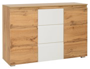 Kommode aus Holz mit weißen Schubladenfronten, seitliche Perspektive