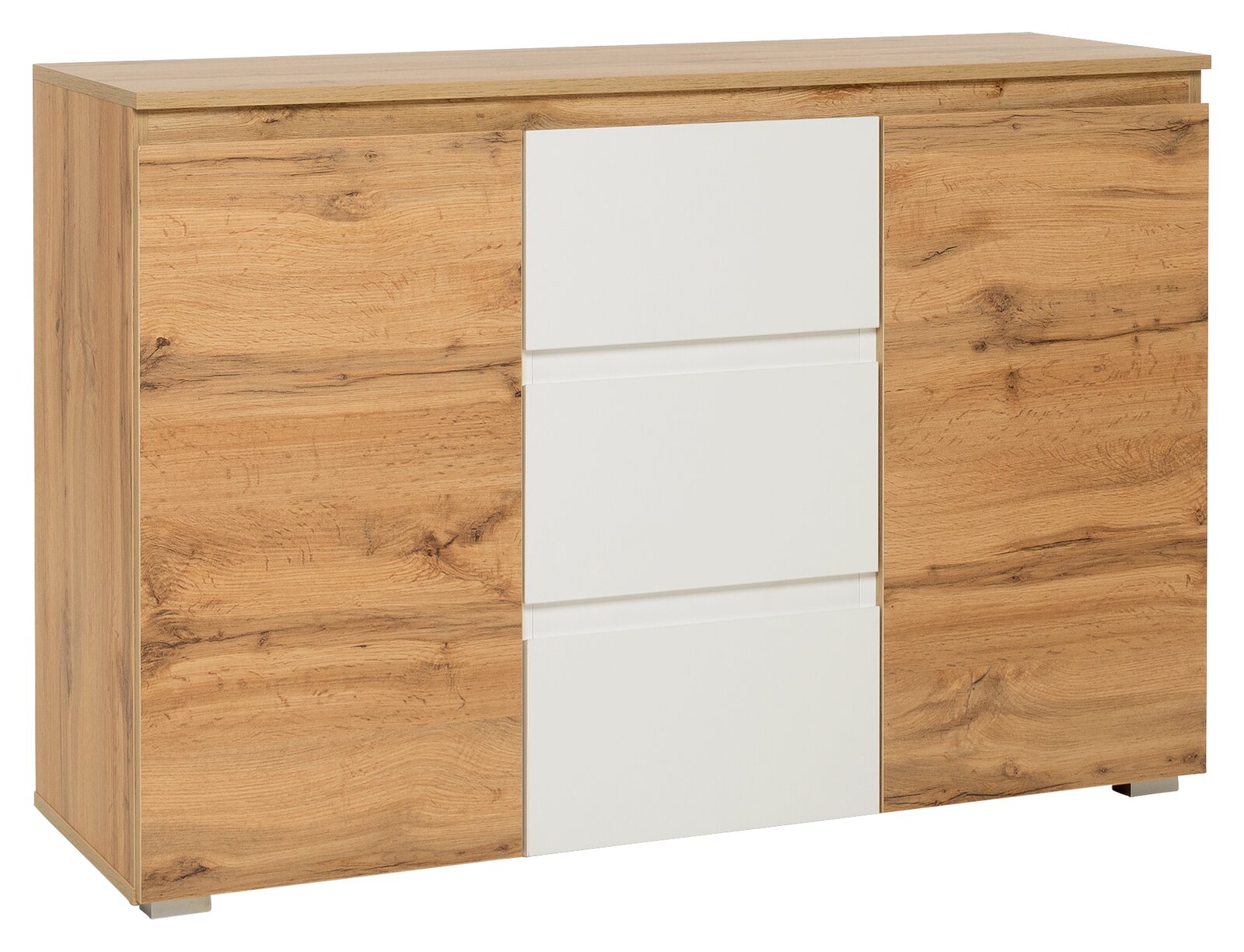 Kommode aus Holz mit weißen Schubladenfronten, seitliche Perspektive