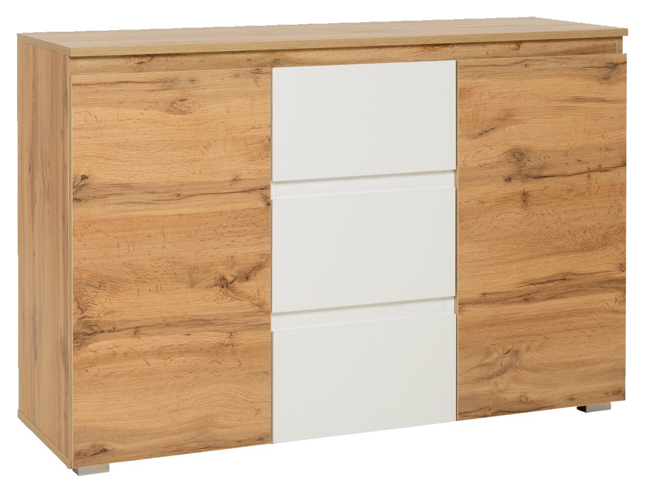 Kommode aus Holz mit weißen Schubladenfronten, seitliche Perspektive