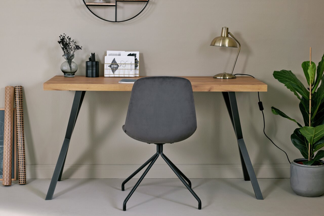 Moderner Schreibtisch mit Holzplatte und schwarzen Metallbeinen, frontal fotografiert. Dekoriert mit Lampe, Pflanzen und Schreibutensilien.