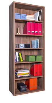 Holzregal mit sechs offenen Fächern, gefüllt mit Büchern, Ordnern und Aufbewahrungsboxen, frontal betrachtet.