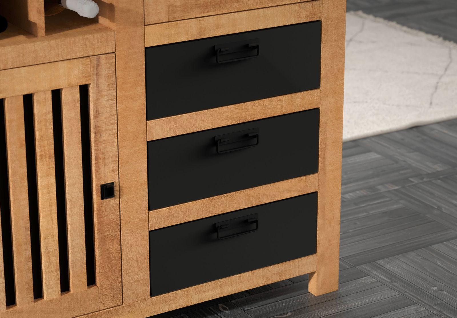 Nahaufnahme eines Highboards mit drei schwarzen Schubladen und einer Holztür mit vertikalen Lamellen, seitliche Perspektive