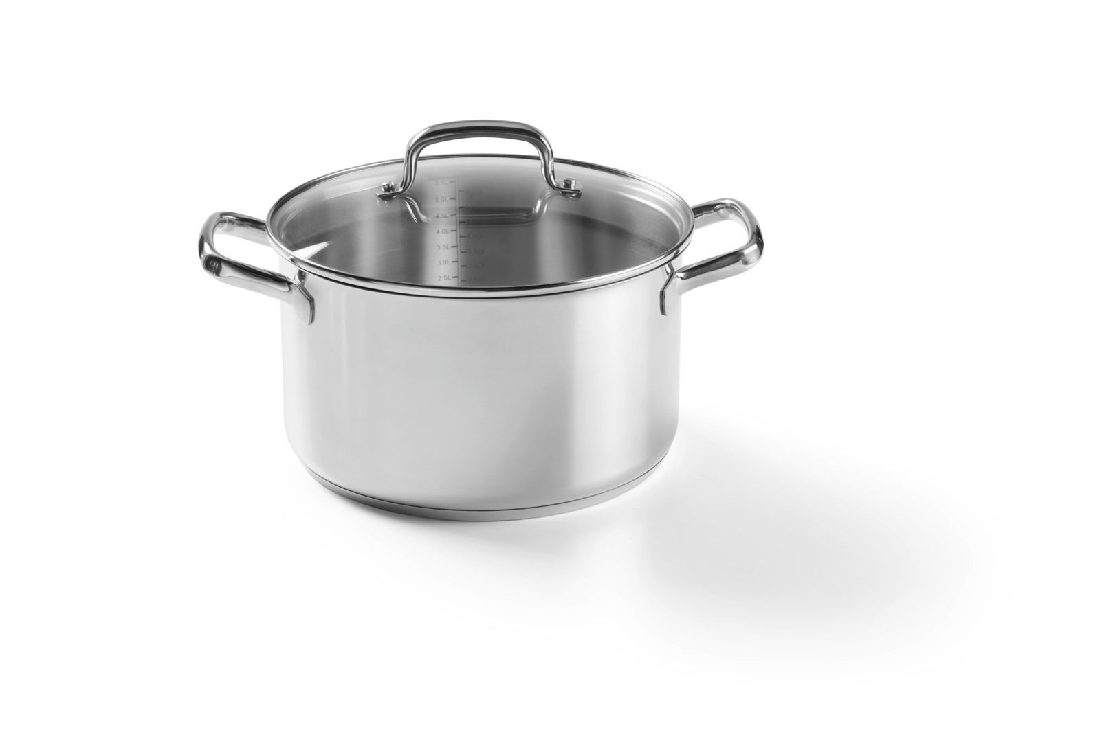 Edelstahl Kochtopf mit Deckel und zwei Griffen, seitliche Perspektive