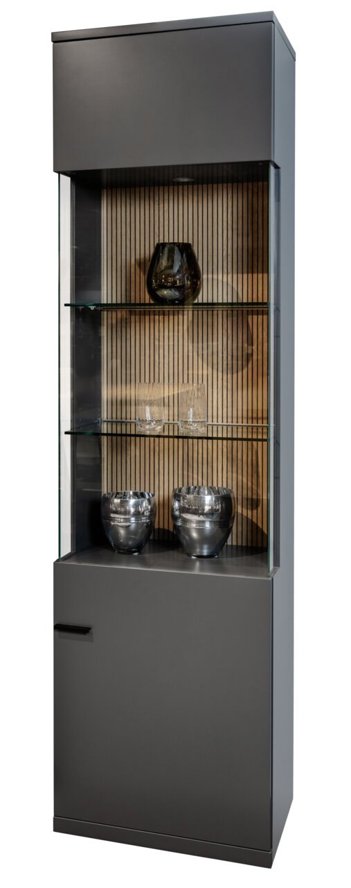 Moderne Vitrine in dunklem Design mit Glastüren und Holzrückwand, frontal fotografiert.