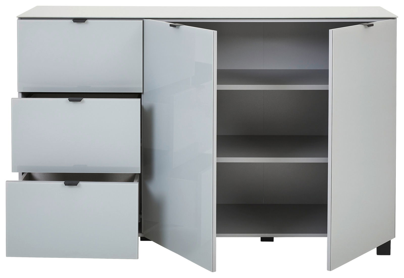 Modernes Sideboard mit zwei offenen Türen und drei Schubladen, Frontansicht