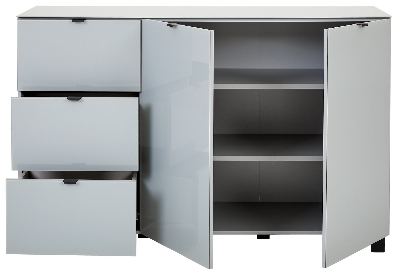 Modernes Sideboard mit zwei offenen Türen und drei Schubladen, Frontansicht