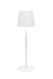 Weiße Akku-Tischleuchte mit schlichtem Design, frontal abgebildet.