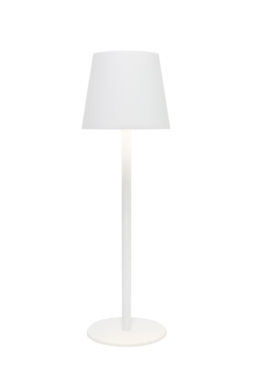 Weiße Akku-Tischleuchte mit schlichtem Design, frontal abgebildet.