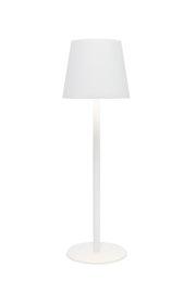 Weiße Akku-Tischleuchte mit schlichtem Design, frontal abgebildet.