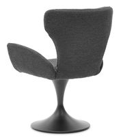 Rückansicht eines modernen Armlehnstuhls mit schwarzem Sockel und grauem Stoffbezug