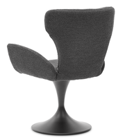 Rückansicht eines modernen Armlehnstuhls mit schwarzem Sockel und grauem Stoffbezug