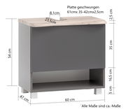 Moderner Waschbeckenunterschrank in grauer Farbe mit geschwungener Holzplatte, Frontansicht.