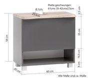 Moderner Waschbeckenunterschrank in grauer Farbe mit geschwungener Holzplatte, Frontansicht.