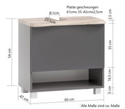Moderner Waschbeckenunterschrank in grauer Farbe mit geschwungener Holzplatte, Frontansicht.