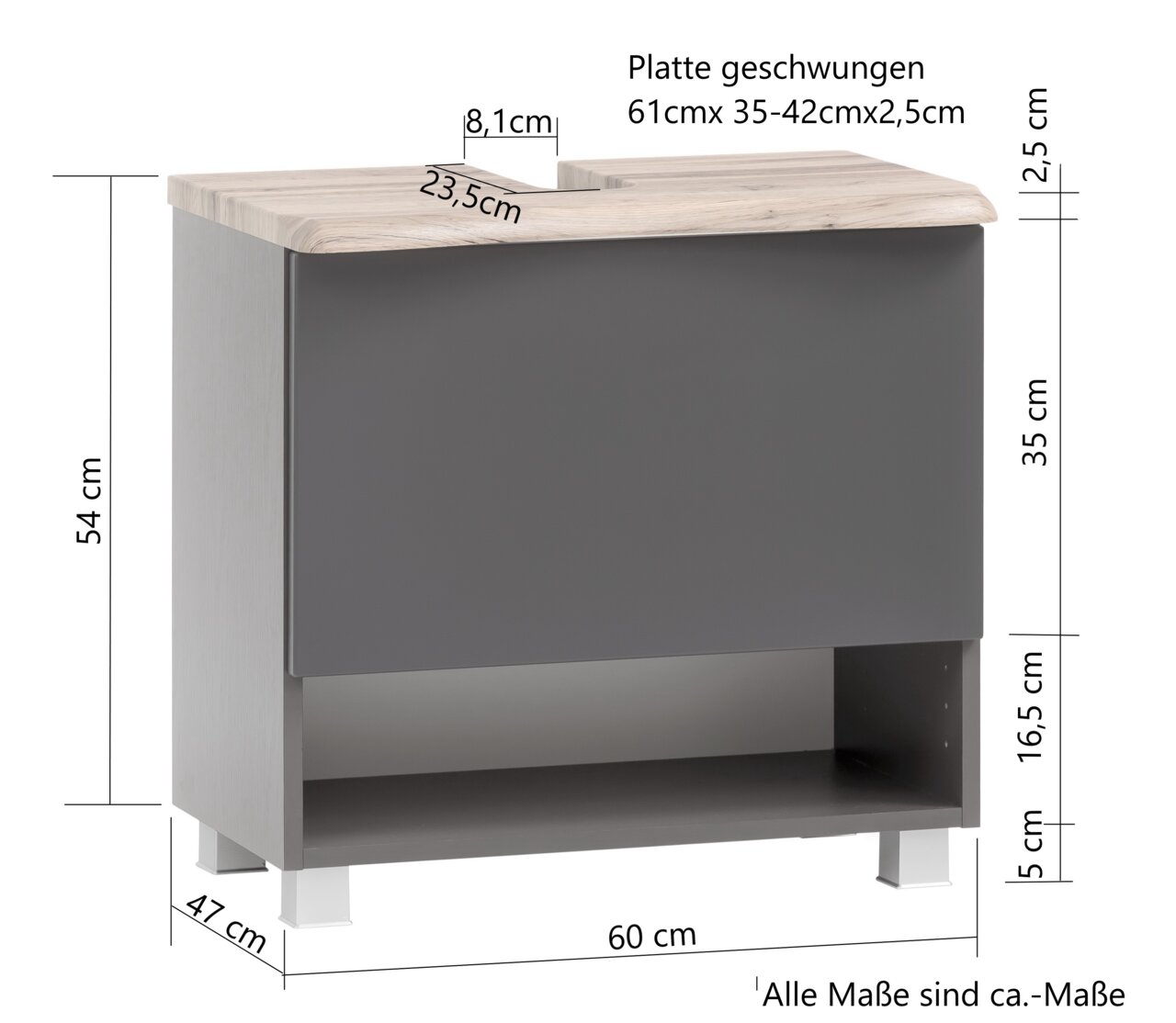 Moderner Waschbeckenunterschrank in grauer Farbe mit geschwungener Holzplatte, Frontansicht.
