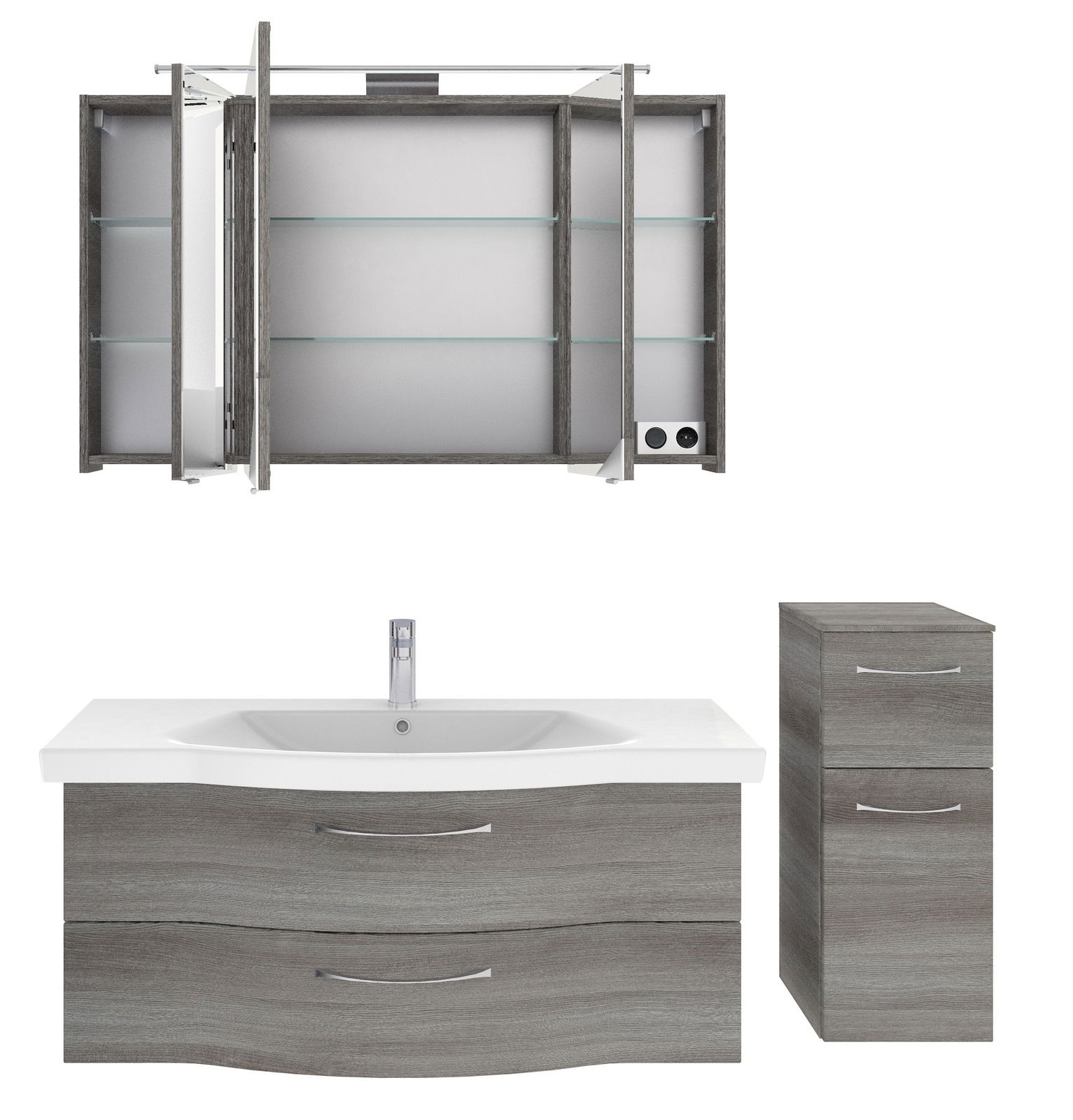 Badblock-Set mit Spiegelschrank, Waschbeckenunterschrank und Seitenschrank in grauer Holzoptik, Frontalansicht