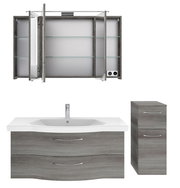 Badblock-Set mit Spiegelschrank, Waschbeckenunterschrank und Seitenschrank in grauer Holzoptik, Frontalansicht