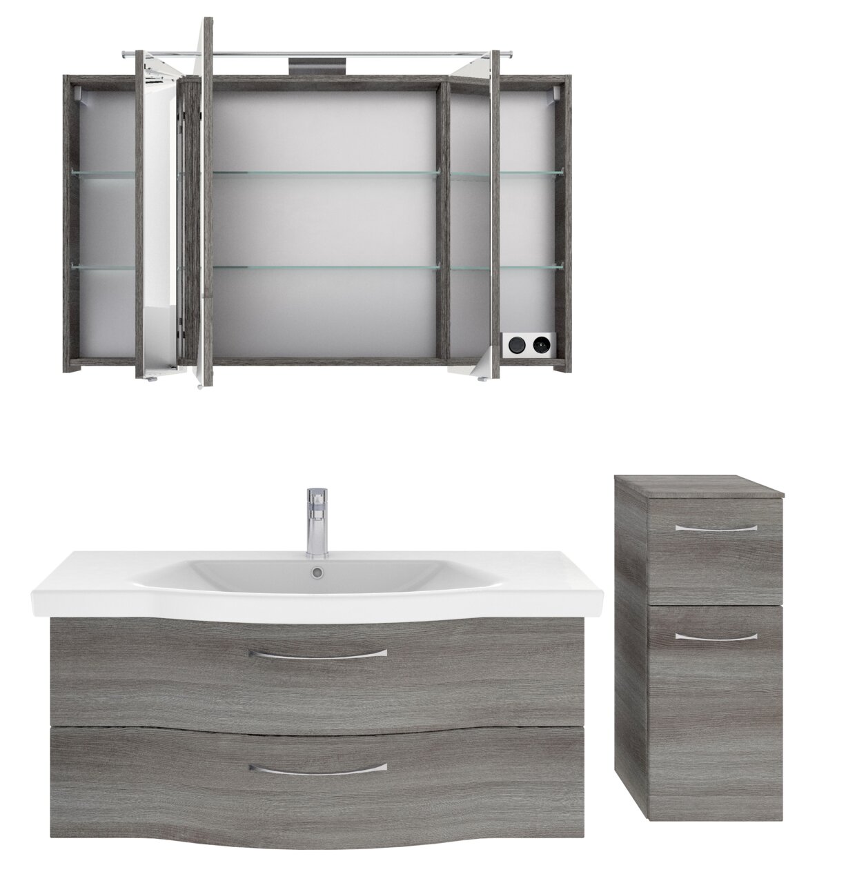 Badblock-Set mit Spiegelschrank, Waschbeckenunterschrank und Seitenschrank in grauer Holzoptik, Frontalansicht