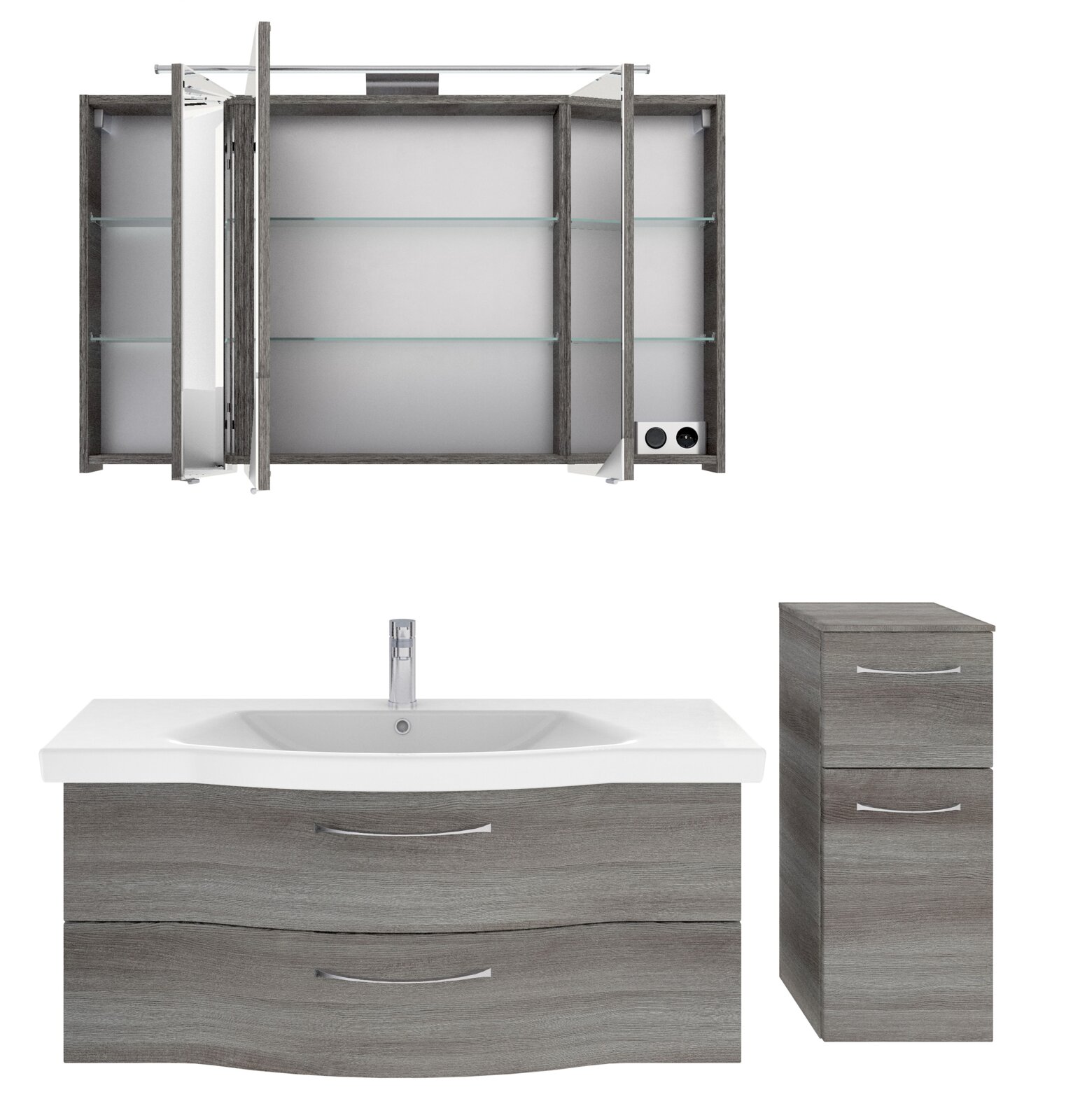 Badblock-Set mit Spiegelschrank, Waschbeckenunterschrank und Seitenschrank in grauer Holzoptik, Frontalansicht