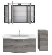 Badblock-Set mit Spiegelschrank, Waschbeckenunterschrank und Seitenschrank in grauer Holzoptik, Frontalansicht