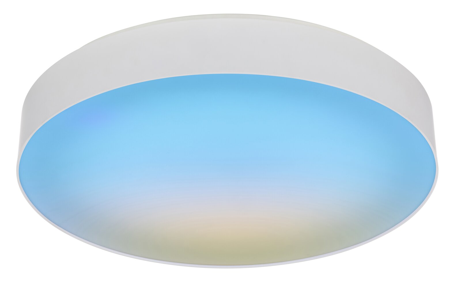 Ronde plafondlamp met witte behuizing en kleurveranderende LED-diffuser in blauwverloop, gezien van onderen (onderaanzicht)