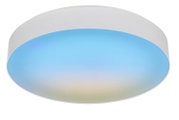 Ronde plafondlamp met witte behuizing en kleurveranderende LED-diffuser in blauwverloop, gezien van onderen (onderaanzicht)