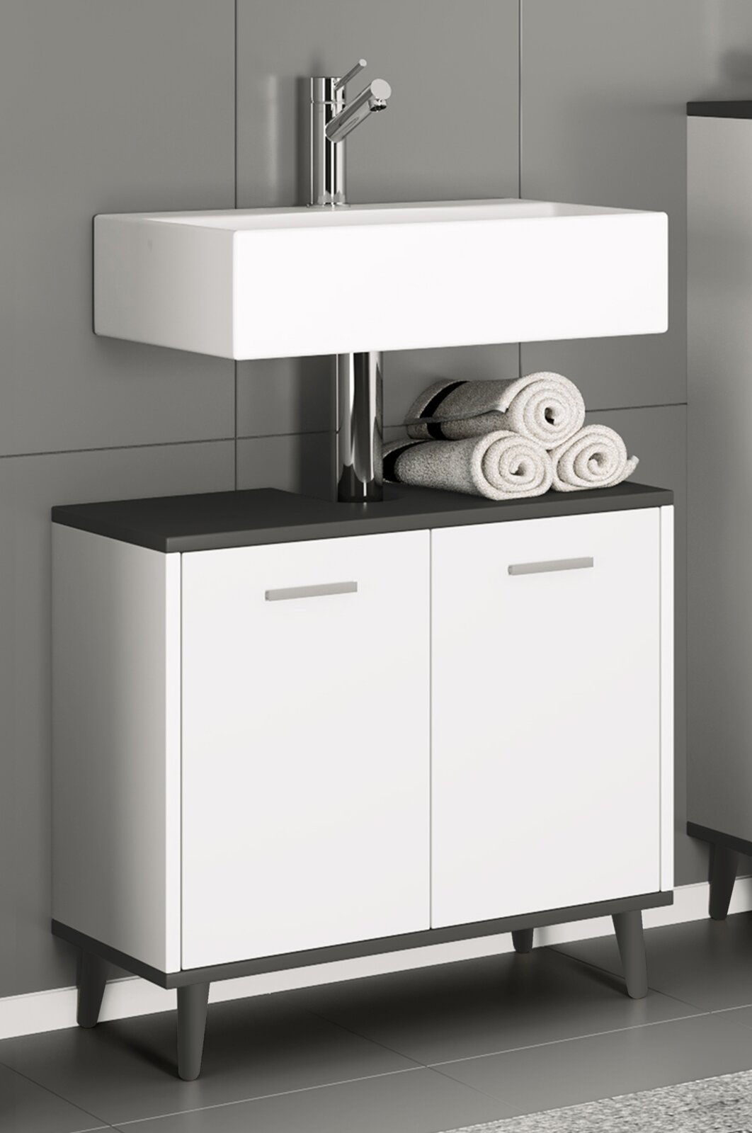 VCM Waschbeckenunterschrank LANDOS Modernes Badezimmer-Waschbecken mit weißem rechteckigen Aufsatzbecken und Chrom-Armatur auf weißem Unterschrank mit dunkler Ablage, frontal aus leicht schräger Perspektive aufgenommen