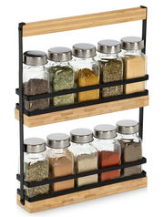 Gewürzständer-Set mit 10 Gläsern, seitliche Perspektive, zwei Etagen aus Holz und Metall.