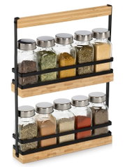 Gewürzständer-Set mit 10 Gläsern, seitliche Perspektive, zwei Etagen aus Holz und Metall.