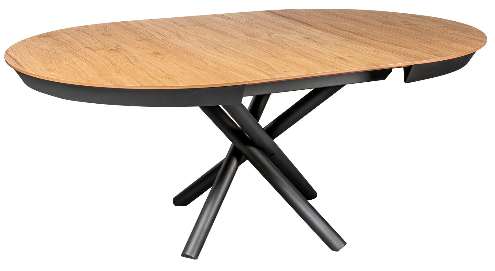 Ovaler Esstisch mit Holzplatte und schwarzen, gekreuzten Metallbeinen, seitliche Perspektive