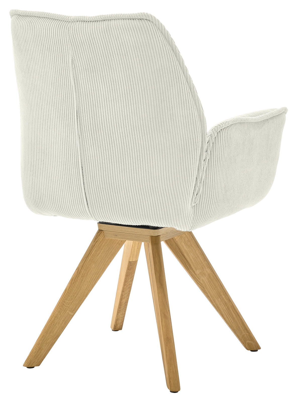 Rückansicht eines Armlehnstuhls mit hellem Stoffbezug und Holzbeinen