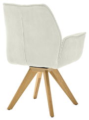 Rückansicht eines Armlehnstuhls mit hellem Stoffbezug und Holzbeinen