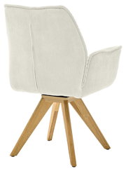 Rückansicht eines Armlehnstuhls mit hellem Stoffbezug und Holzbeinen