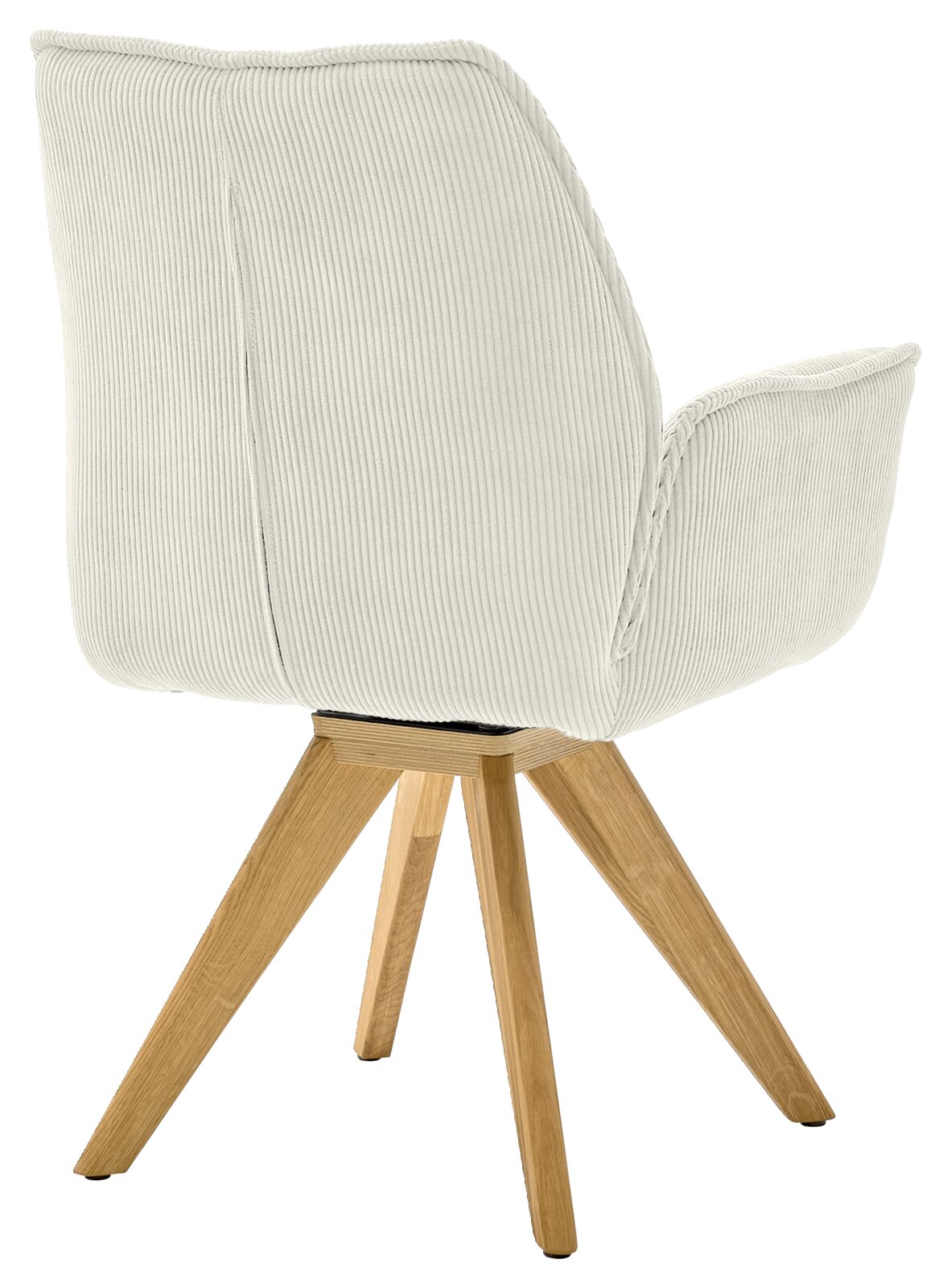 Achterkant van een fauteuil met een lichte stoffen bekleding en houten poten