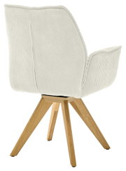 Achterkant van een fauteuil met een lichte stoffen bekleding en houten poten