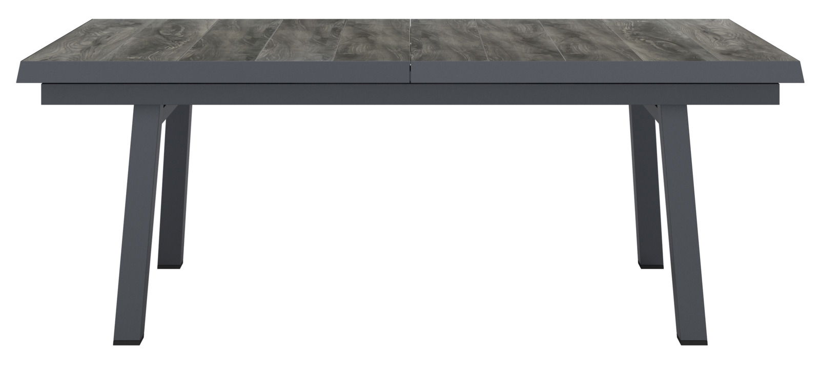 Großer, ausziehbarer Gartentisch mit Holzoptik, frontal betrachtet