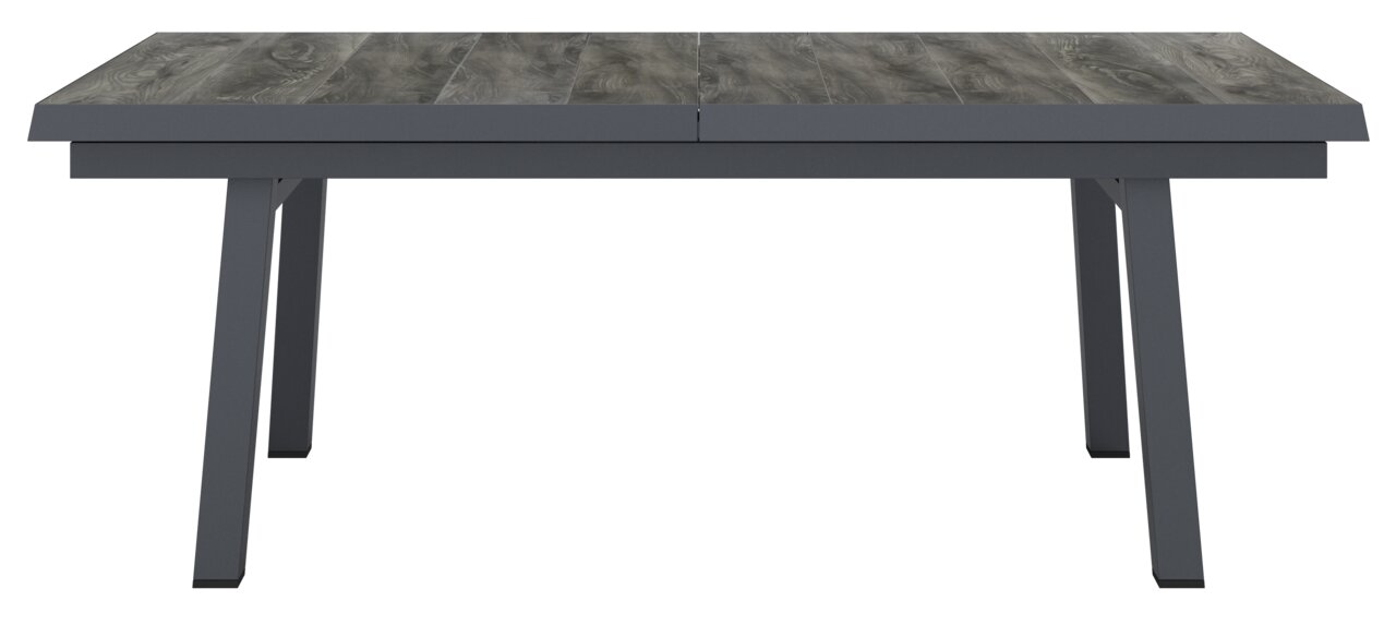 Großer, ausziehbarer Gartentisch mit Holzoptik, frontal betrachtet