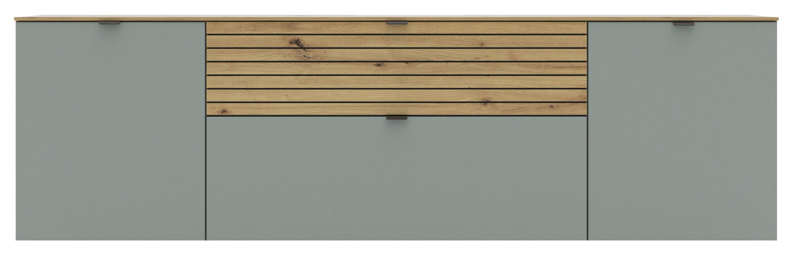 Frontale Ansicht eines modernen TV-Lowboards mit grauen Türen und einer Holzlamellen-Schublade in der Mitte.