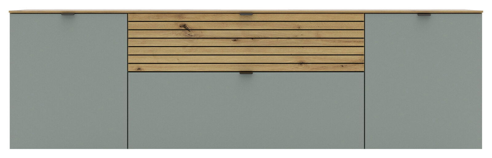 Frontale Ansicht eines modernen TV-Lowboards mit grauen Türen und einer Holzlamellen-Schublade in der Mitte.