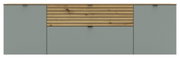 Frontale Ansicht eines modernen TV-Lowboards mit grauen Türen und einer Holzlamellen-Schublade in der Mitte.