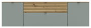 Frontale Ansicht eines modernen TV-Lowboards mit grauen Türen und einer Holzlamellen-Schublade in der Mitte.
