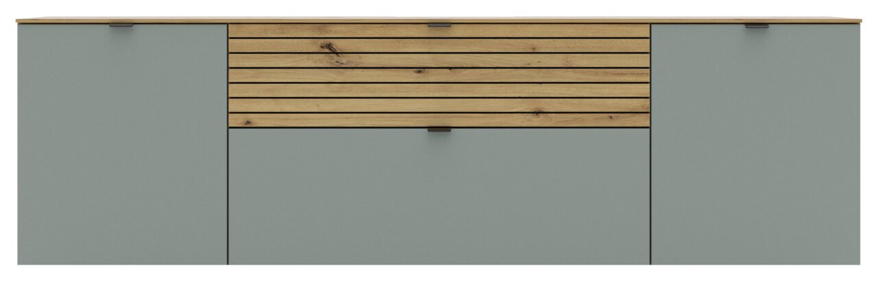 Vooraanzicht van een modern tv-lowboard met grijze deuren en een lade met houten lamellen in het midden.