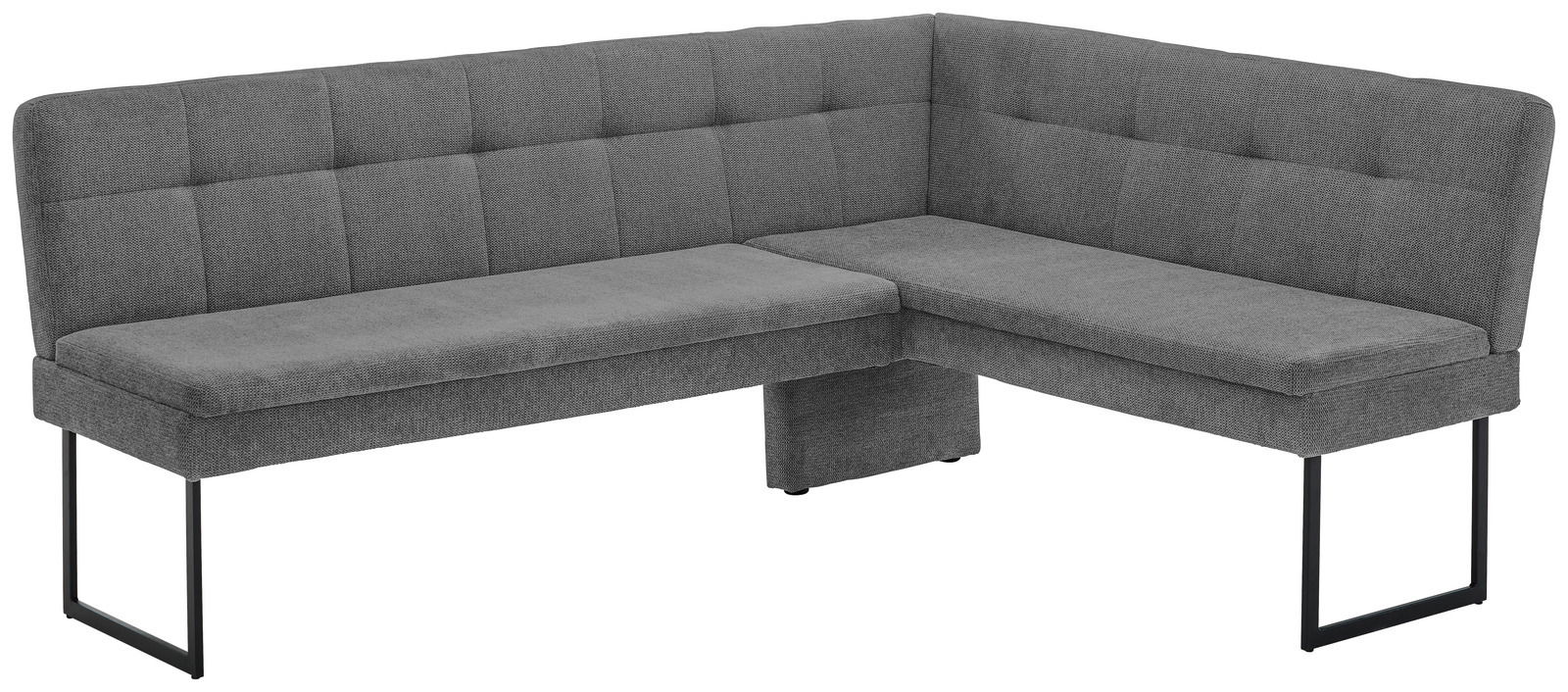 Graue Eckbank mit gepolsterter Rückenlehne und Metallbeinen, perspektivisch von vorne rechts gesehen.