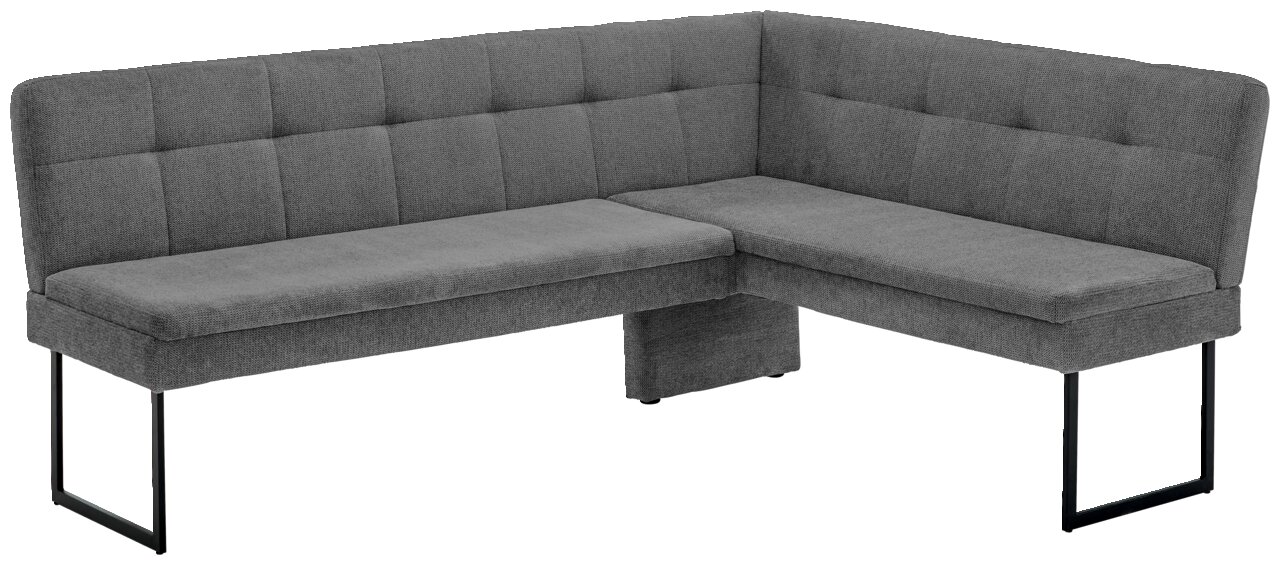 Novel Eckbank QUICK Graue Eckbank mit gepolsterter Rückenlehne und Metallbeinen, perspektivisch von vorne rechts gesehen.