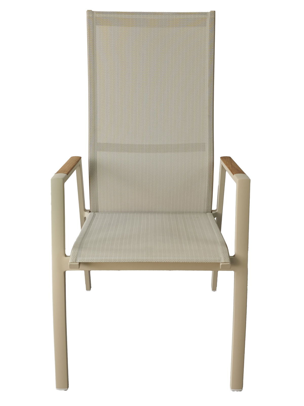Moderner Gartensessel mit beigem Textilgewebe und Armlehnen aus Holz, Frontalansicht.